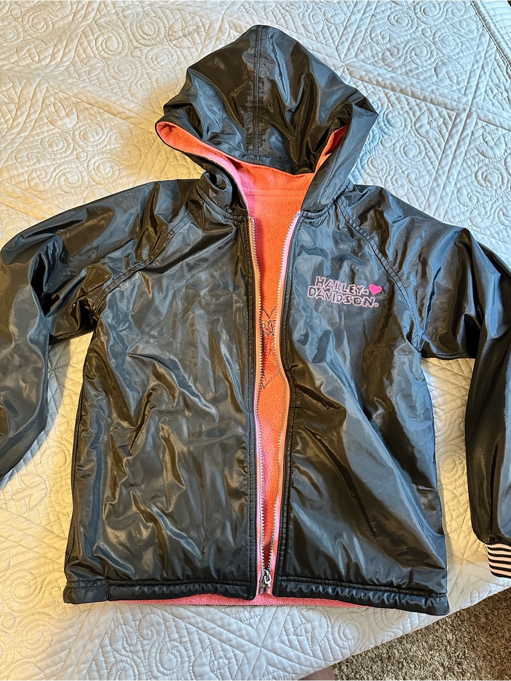 Harley-Davidson Black Hooded Raincoat with Coral Lining